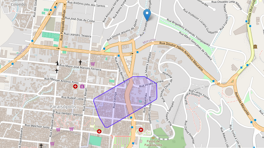 Mapa: ponto acima da aglomeração de Paraisópolis, fora do polígono