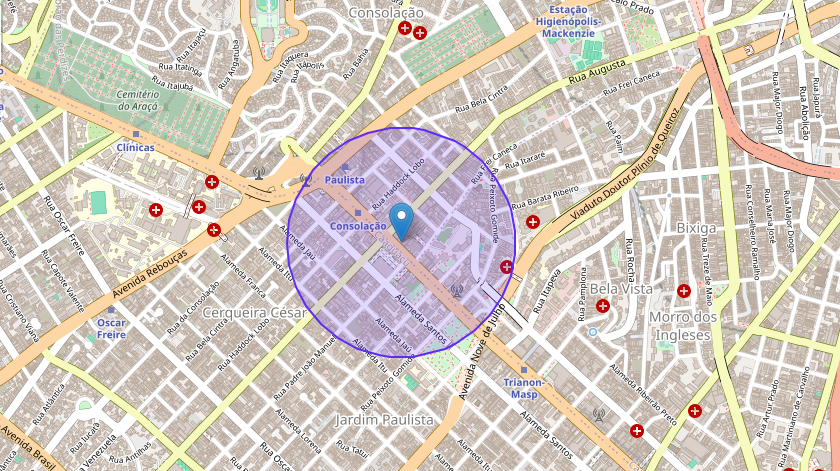 Buffer circular geodésico de 500 metros de raio a partir da Av. Paulista