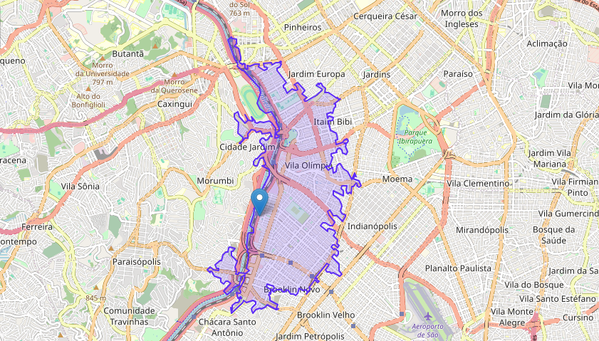 Isócrona de 15 minutos saindo de carro da Av. das Nações Unidas 12995 em São Paulo, cobrindo Jardim Europa, Vila Olímpia, Brooklin Novo e adjacências