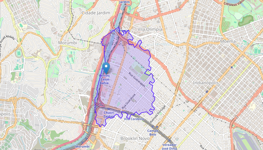 Isócrona de 30 minutos indo a pé até a Av. das Nações Unidas 12995, cobrindo Vila Olímpia, Brooklin e adjacências