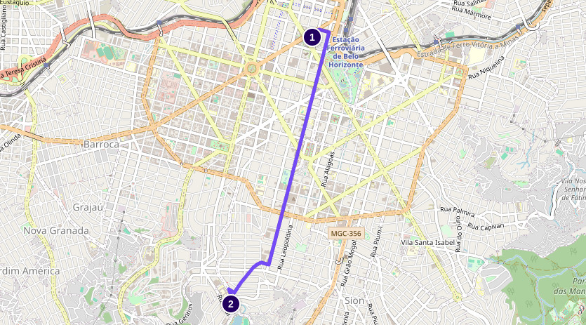 Mapa: rota traçada entre dois pontos em Belo Horizonte, começando no ponto 1 (Estação Ferroviária) e terminando no ponto 2 (Sion)