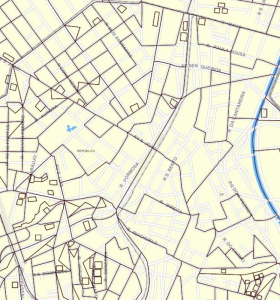 Mapa cartográfico do centro de São Paulo com os limites dos setores censitários sobrepostos à malha de ruas