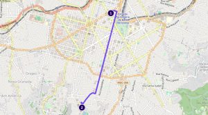 Mapa com rota traçada entre dois pontos em Belo Horizonte